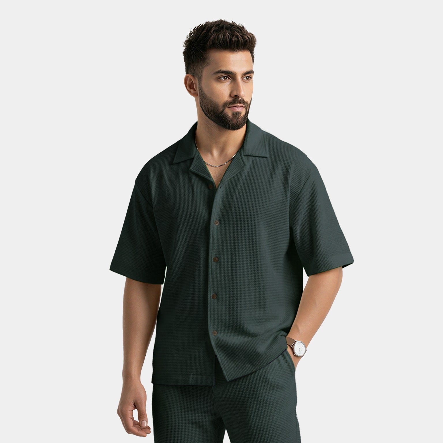 WAFFLE FROMAL OLIVE SHIRT.